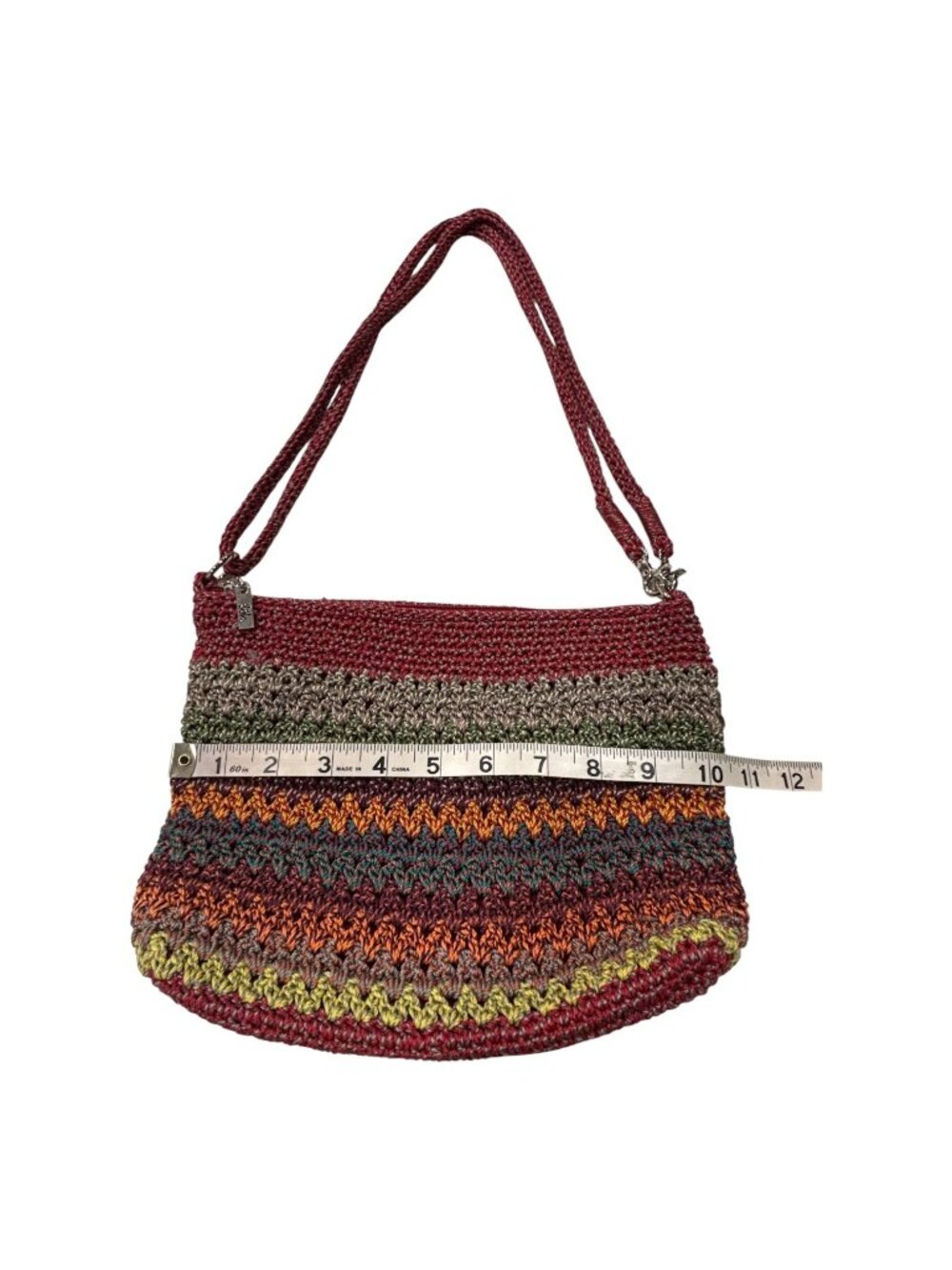 The Sak Crochet Shoulder Bag Multicolor Stripe Knit Hobo Purse Boho Zip Top - Picture 8 of 11